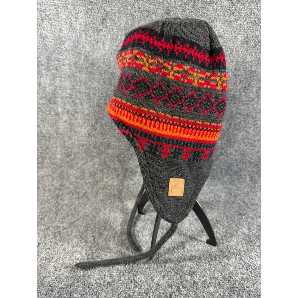Screamer Fair Isle Earflap Beanie Hat Gray Red Orange Fleece Lined Tassels